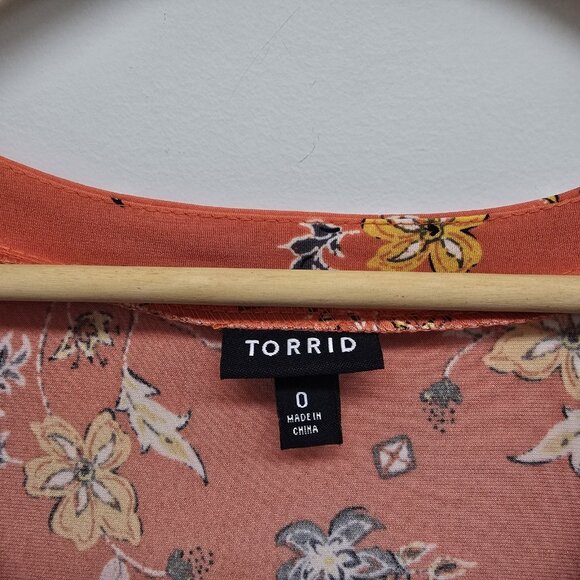 Torrid Floral Swing Dress Size 0 (L 12) Flutter Sleeves Stretch V-Neck Orange - Picture 3 of 9